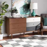 Baxton Studio FP-11020-GreyWalnut-6DW-Dresser Baxton Studio Halden Mid-Century Modern Multicolor Walnut Brown and Grey Gradient Finished Wood 6-Drawer Dresser